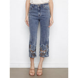 Jean capri avec broderies et empiècements ajourés - Taille : 6 - Couleur : Bleu Denim