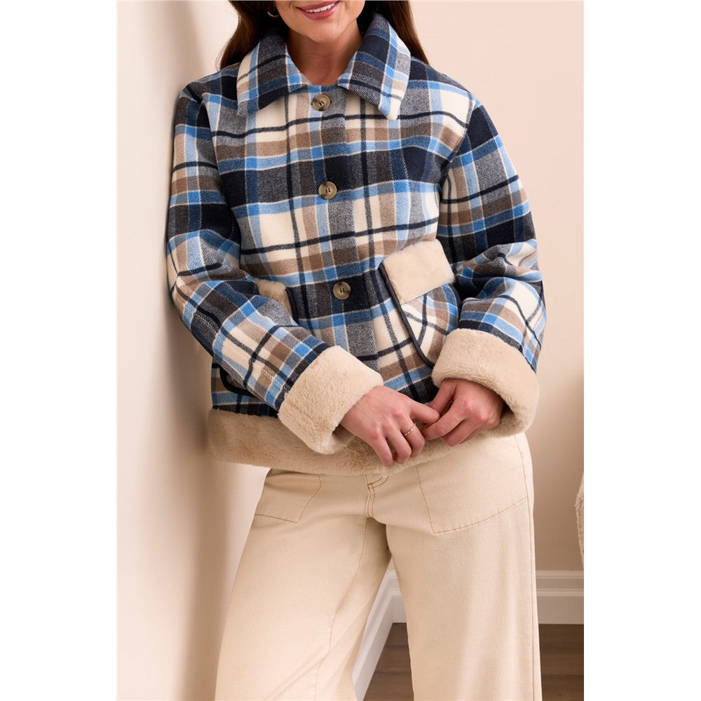 Manteau court à carreaux - Taille : XSMALL - Couleur : Bleu/Beige