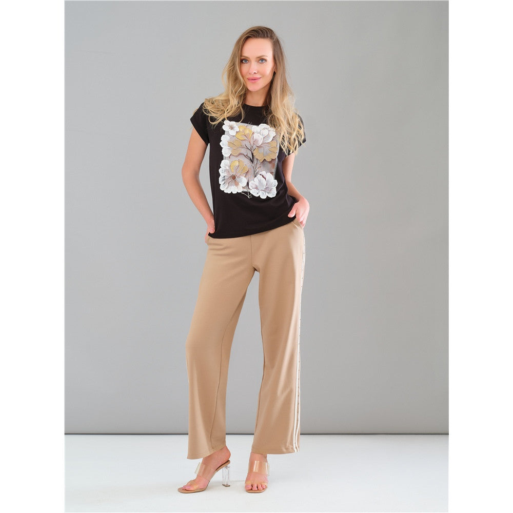 Pantalon à bande contrastante et pierres