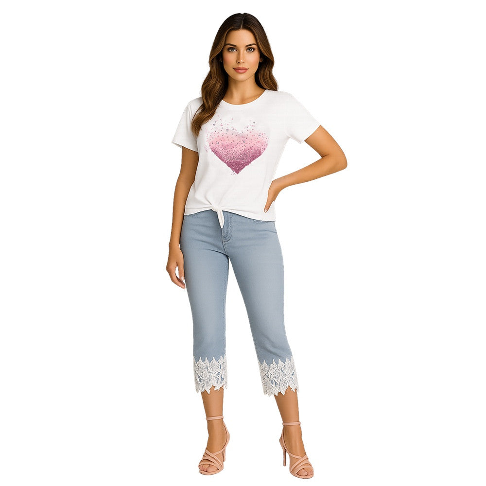 Pantalon capri en denim avec dentelle - Taille : 4 - Couleur : Denim Bleu pâle