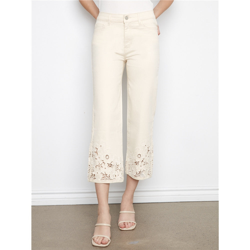 Pantalon écourté avec broderie florale - Taille : 4 - Couleur : Naturel