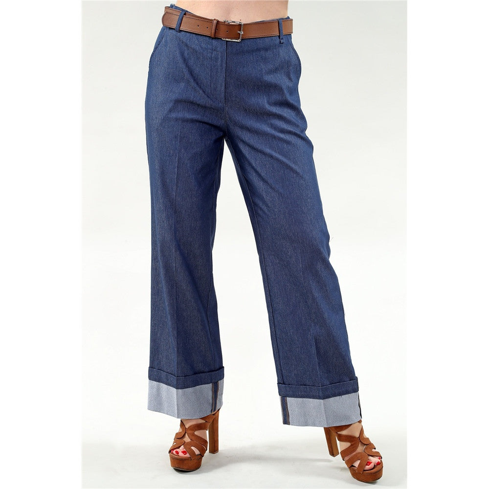 Pantalon en denim à revert et ceinture - Taille : XSMALL - Couleur : Bleu Denim