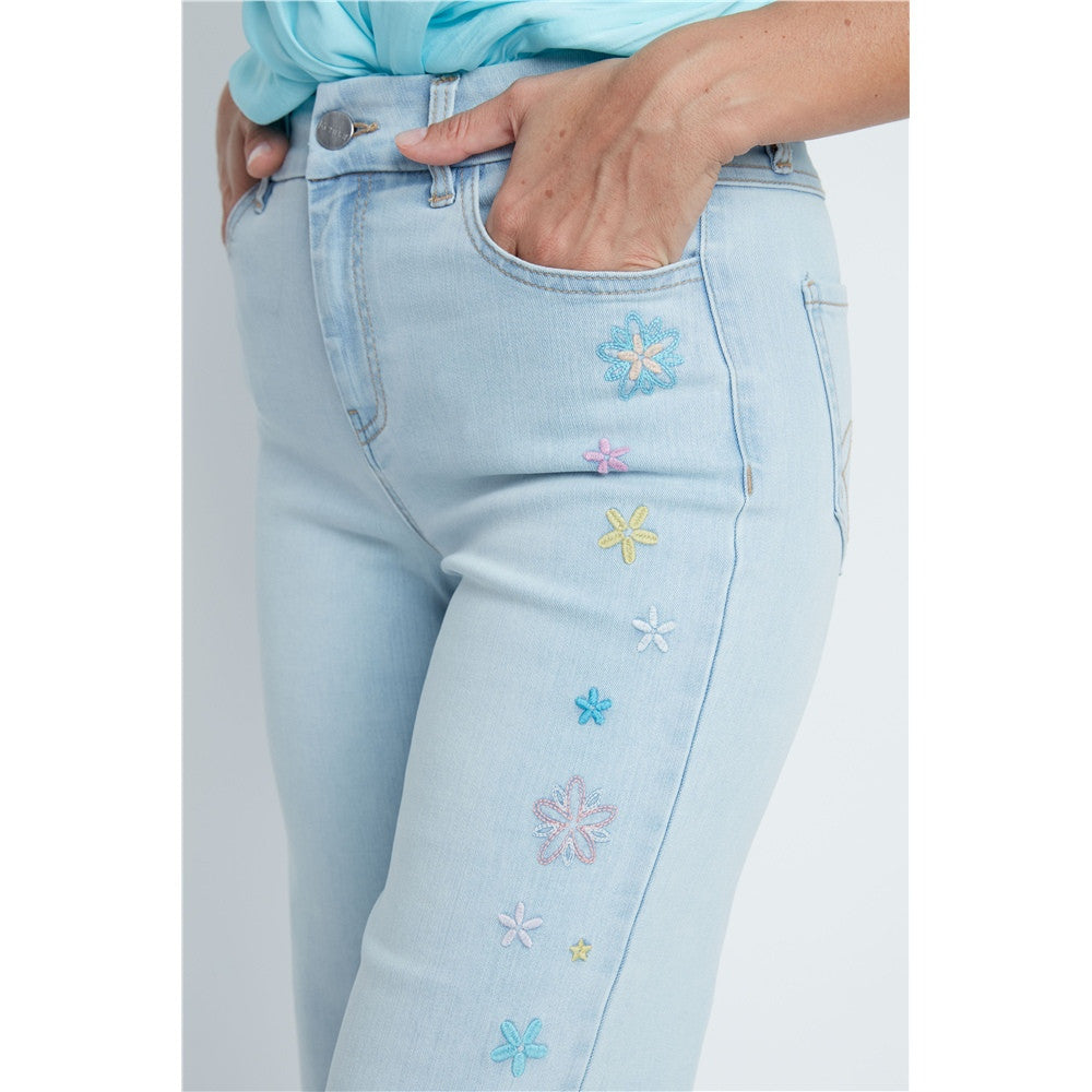 Pantalon en jean à broderies florales