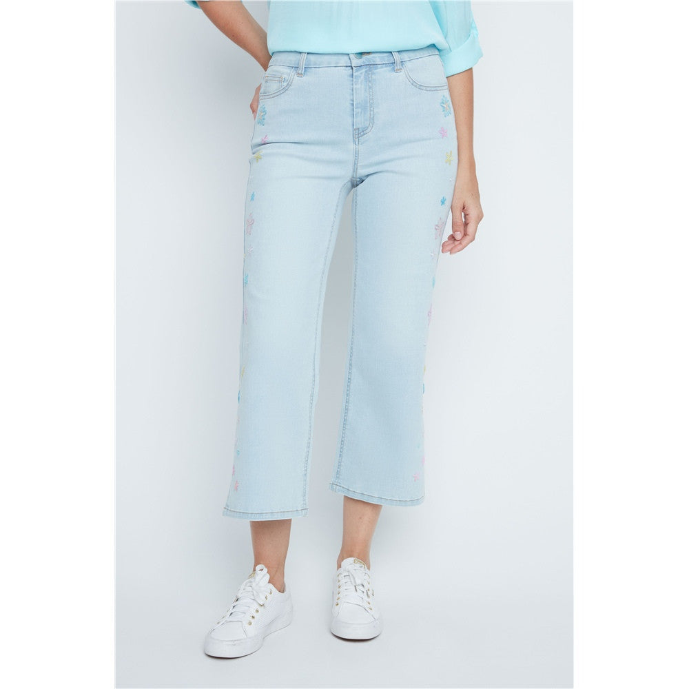 Pantalon en jean à broderies florales - Taille : 2 - Couleur : Denim Bleu pâle