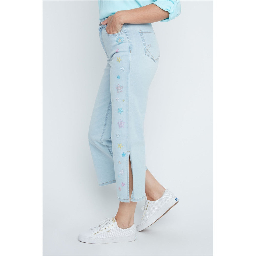 Pantalon en jean à broderies florales
