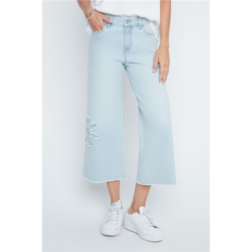 Pantalon en jean à fleurs brodées - Taille : 12 - Couleur : Denim Bleu pâle