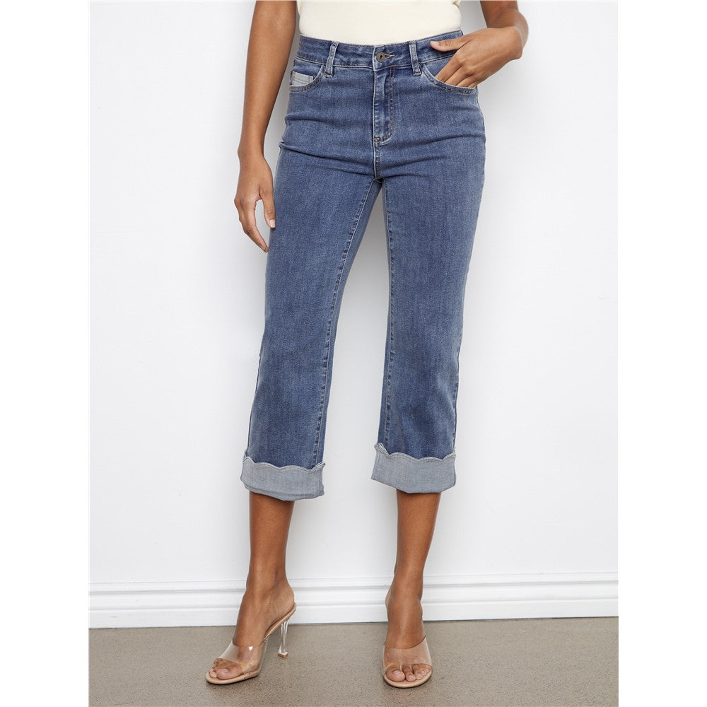Pantalon en jean à revers contrasté - Taille : 2 - Couleur : Bleu Denim