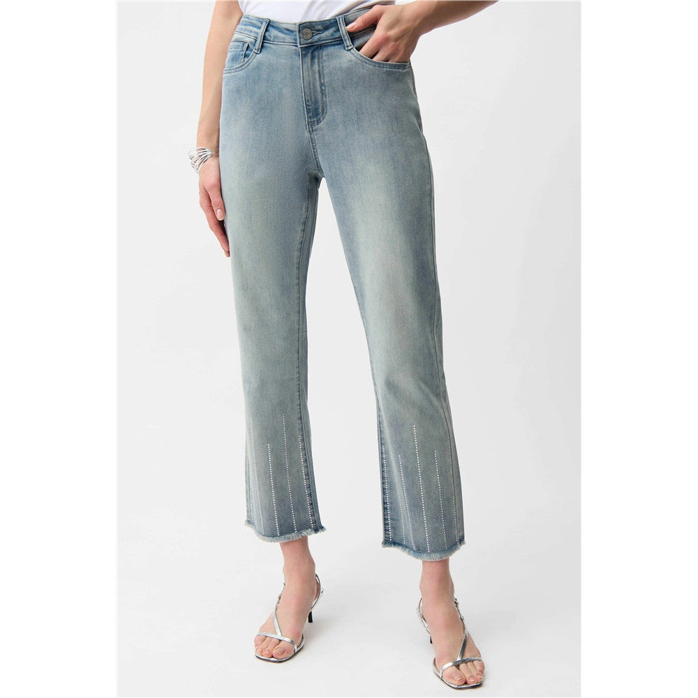 Pantalon en jean court à coupe droite avec strass - Taille : 4 - Couleur : Denim Bleu pâle