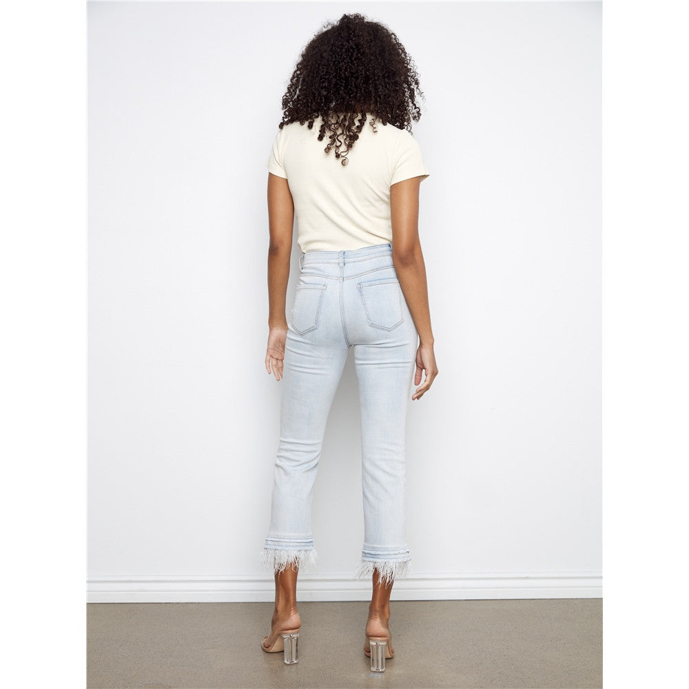Pantalon en jean droit à ourlet effiloché