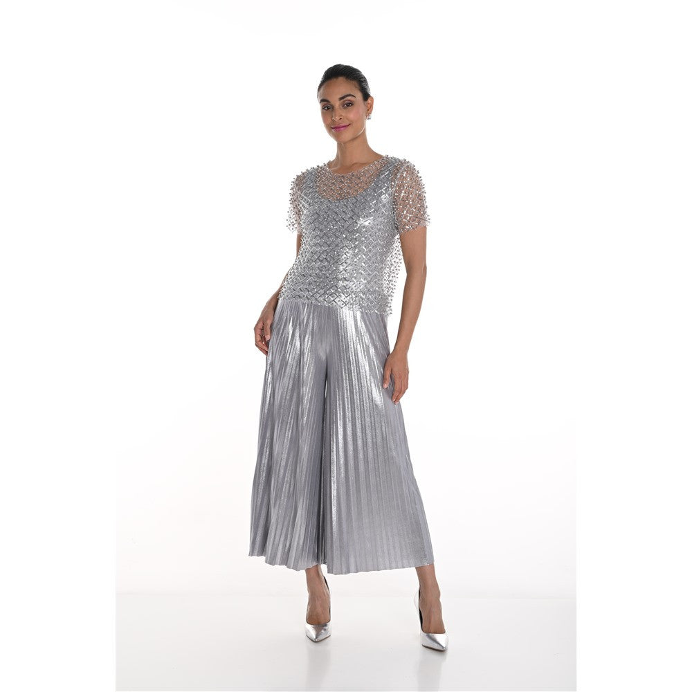 Pantalon midi plissé argenté
