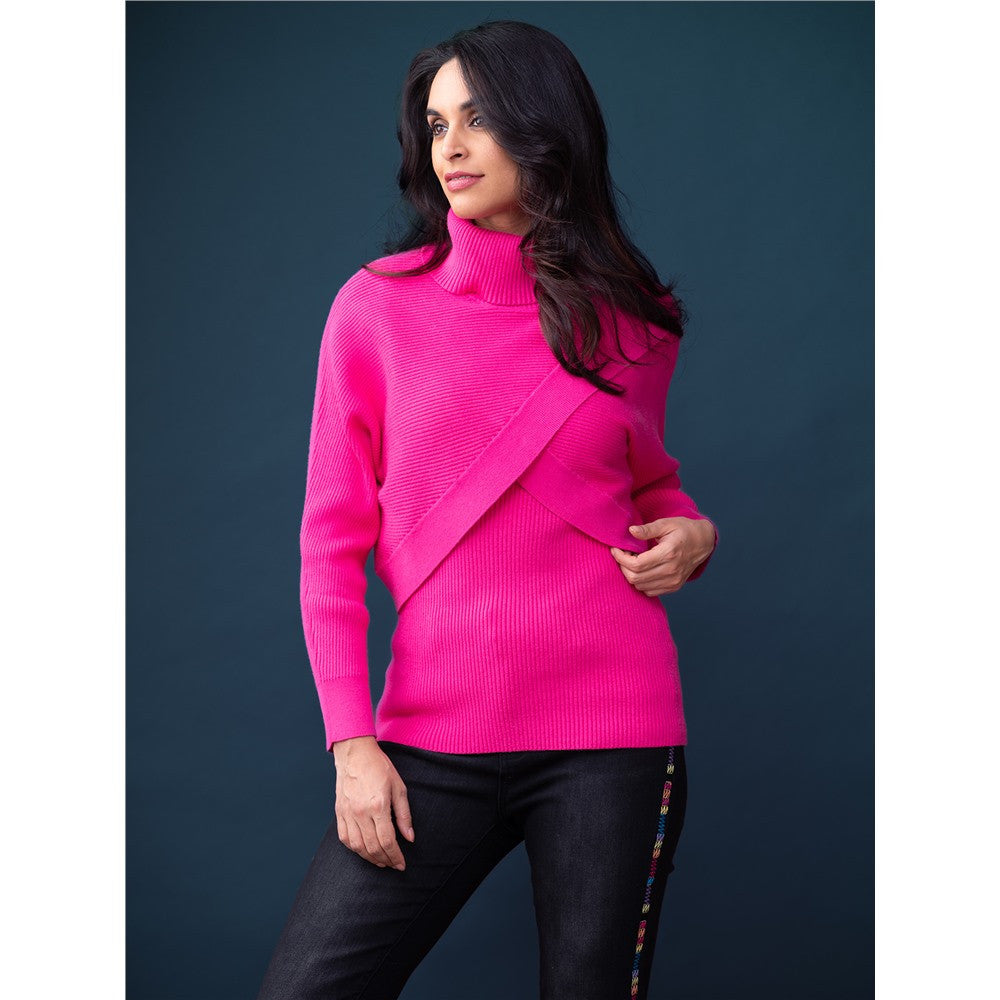 Pull col roulé côtelé - Taille : LARGE - Couleur : Fuschia