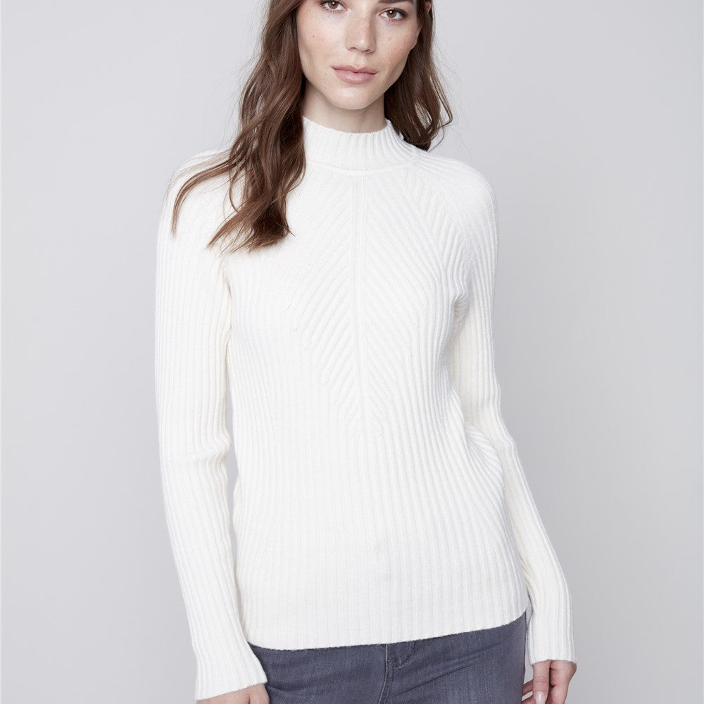 Pull côtelé avec col montant - Taille : XXLARGE - Couleur : Écru