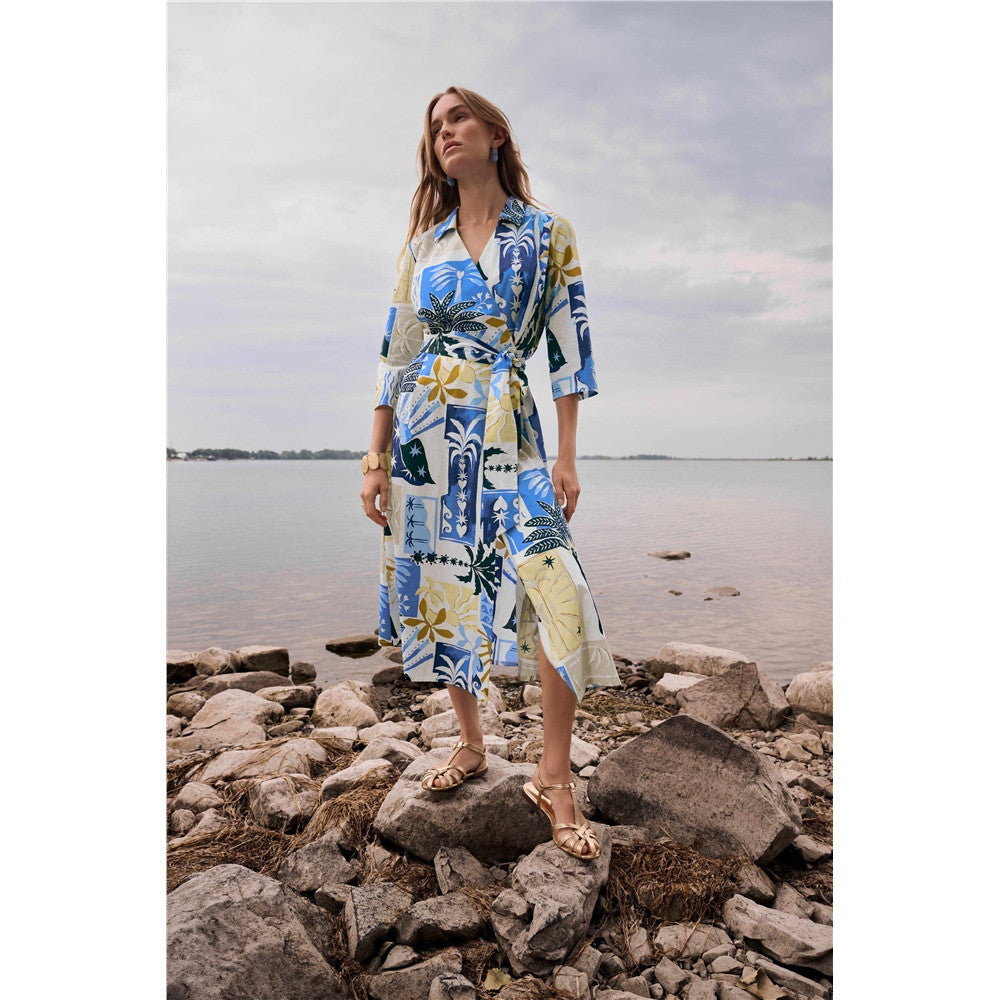 Robe cache-cœur à imprimé tropical, ligne A - Taille : 8 - Couleur : Multi/Vanille