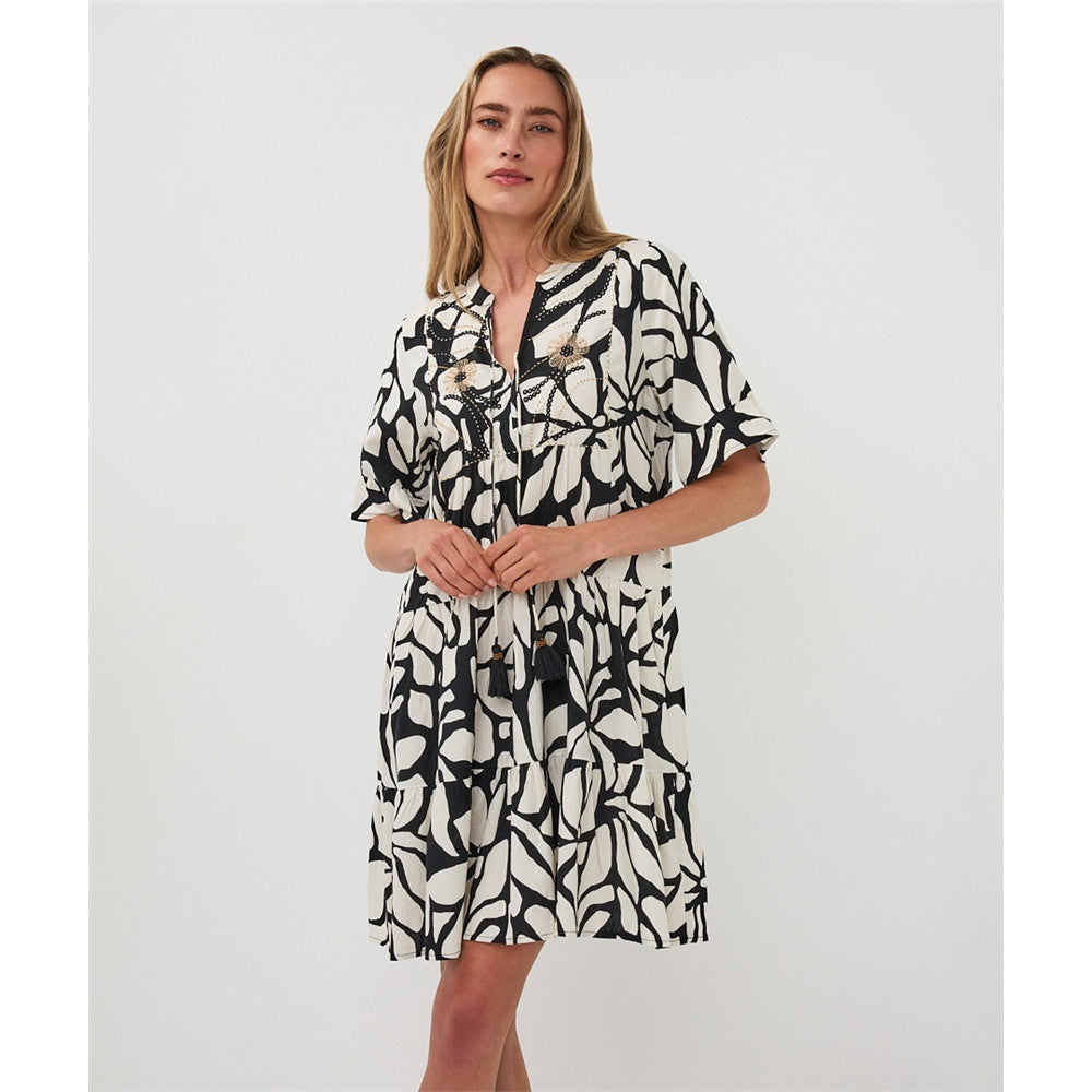 Robe courte imprimée à détails brodés - Taille : SMALL - Couleur : Noir