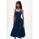 Robe midi ajustée-évasée en denim avec ceinture - Taille : MEDIUM - Couleur : Bleu Denim
