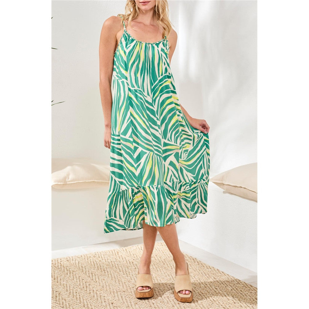 Robe midi fluide à imprimé tropical