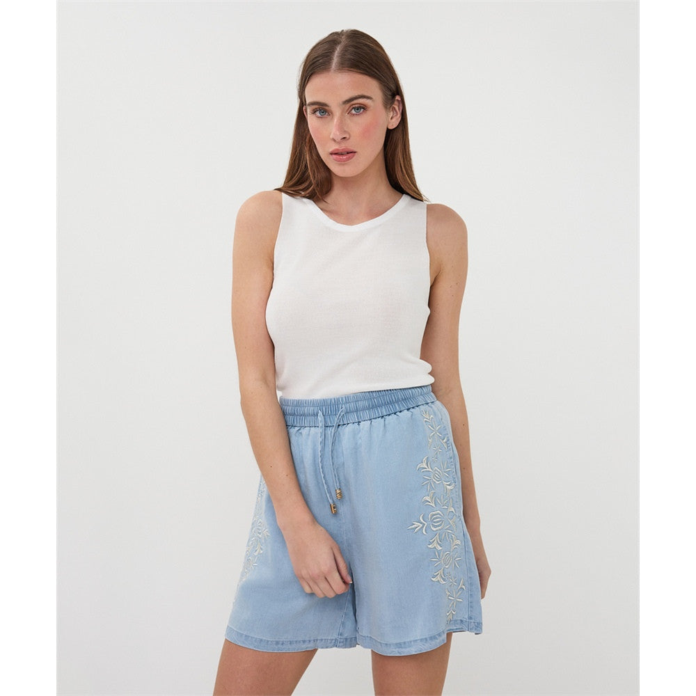 Short denim léger brodé - Taille : 8 - Couleur : Chambray