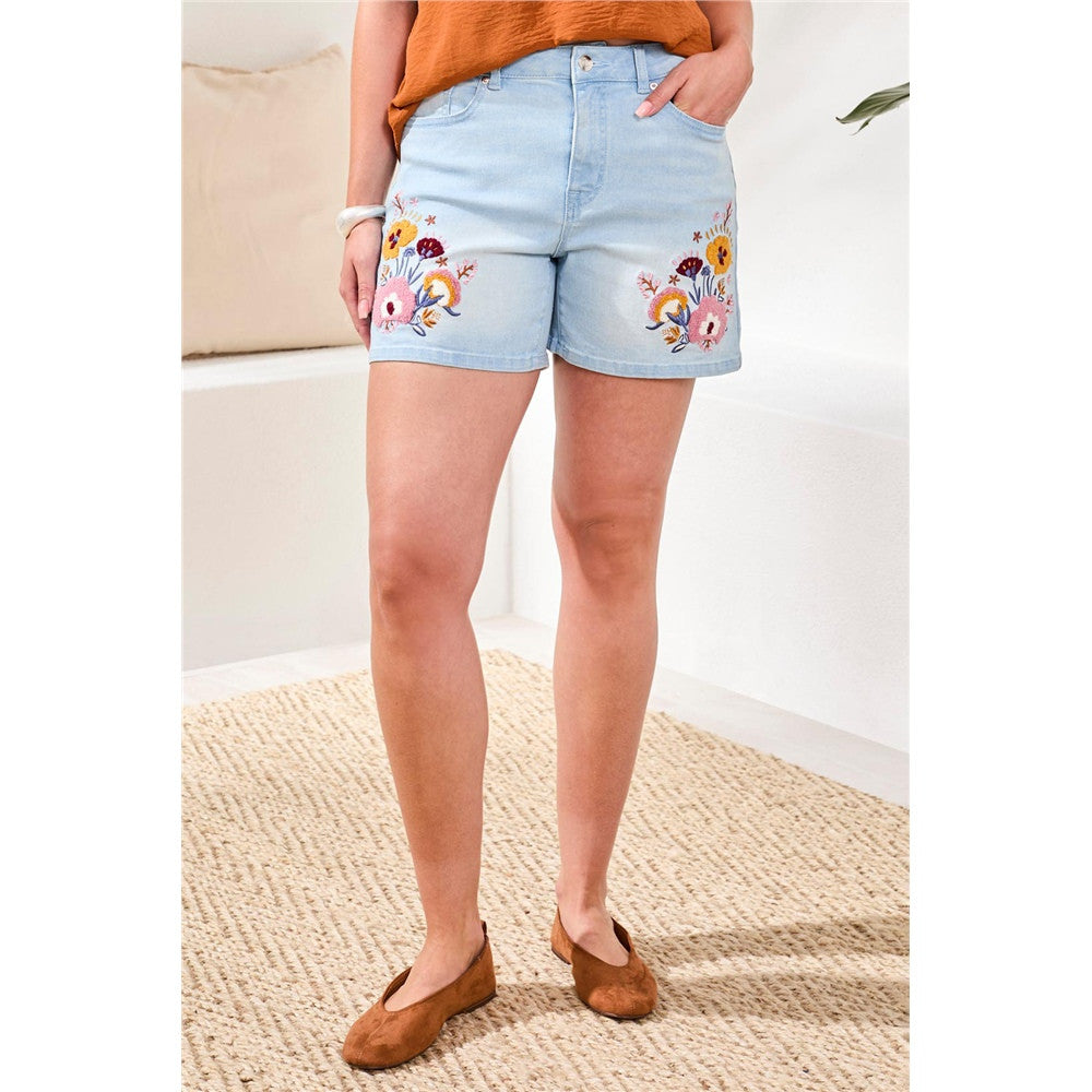 Short en denim brodé à fleurs - Taille : 6 - Couleur : Denim Bleu pâle