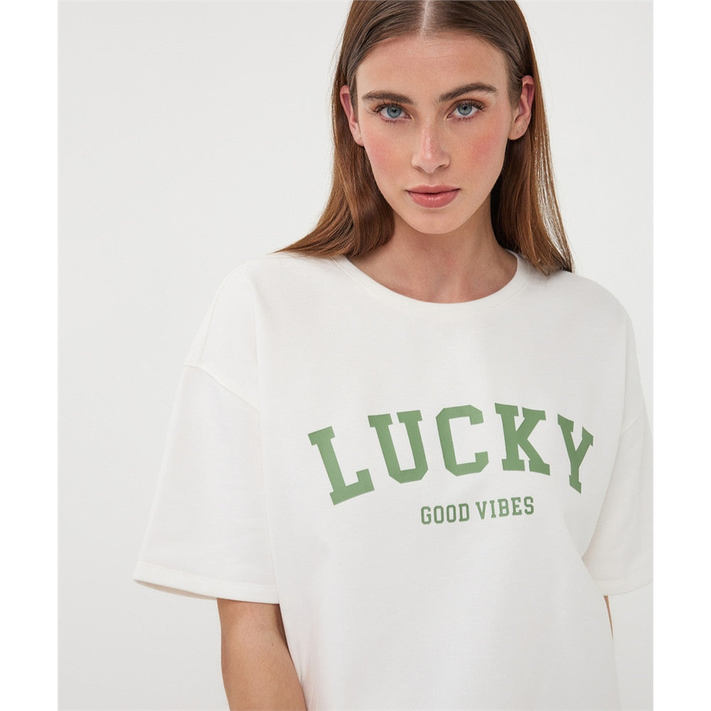 T-shirt " Lucky-Good Vibes" - Taille : XSMALL - Couleur : Blanc cassé/Vert