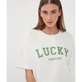 T-shirt " Lucky-Good Vibes" - Taille : XSMALL - Couleur : Blanc cassé/Vert