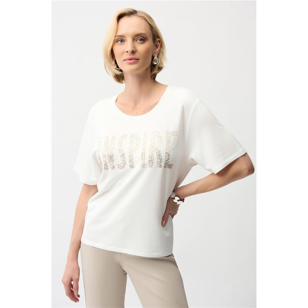 T-shirt à imprimé sur le devant et strass - Taille : XSMALL - Couleur : Beige/Vanille