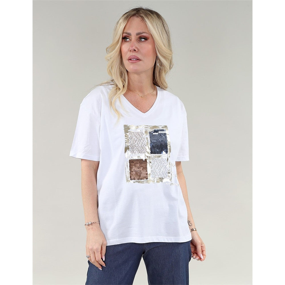 T-shirt avec 4 carrés et paillettes - Taille : MEDIUM - Couleur : Blanc cassé