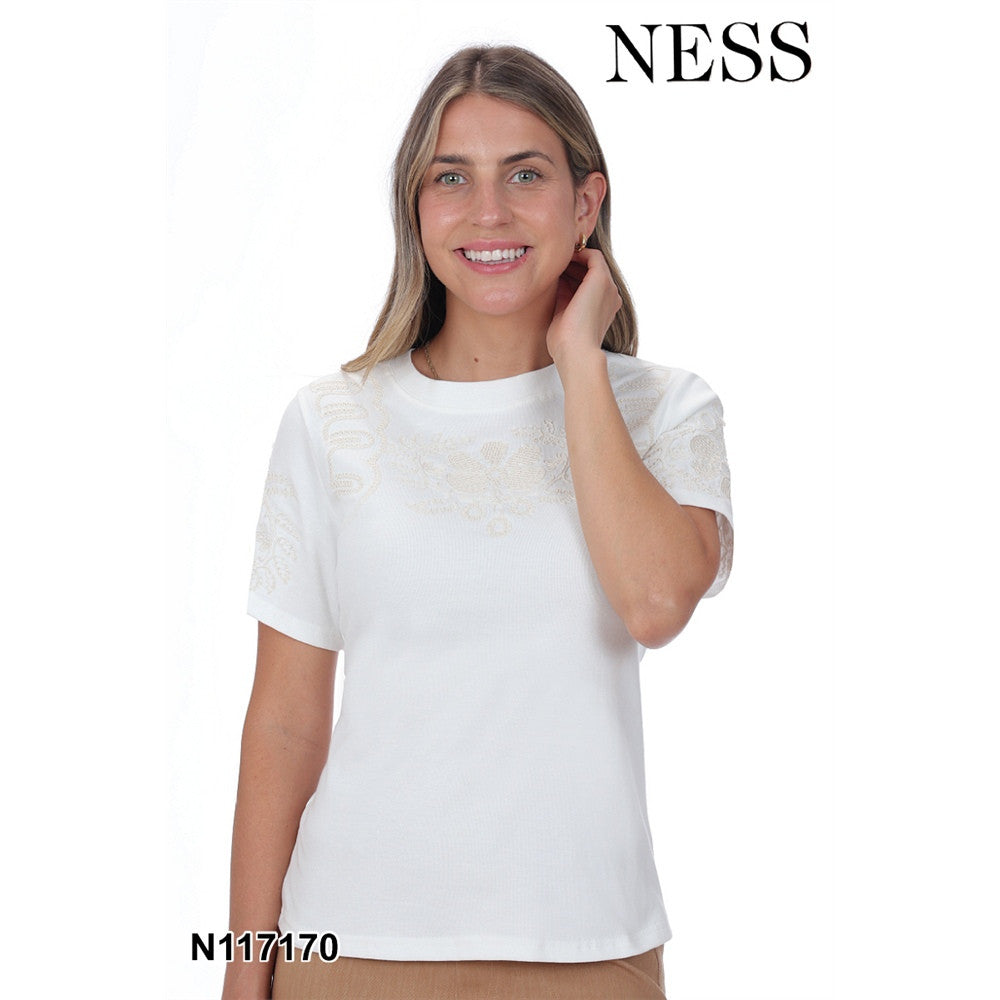 T-shirt avec broderies - Taille : XXLARGE - Couleur : Blanc cassé