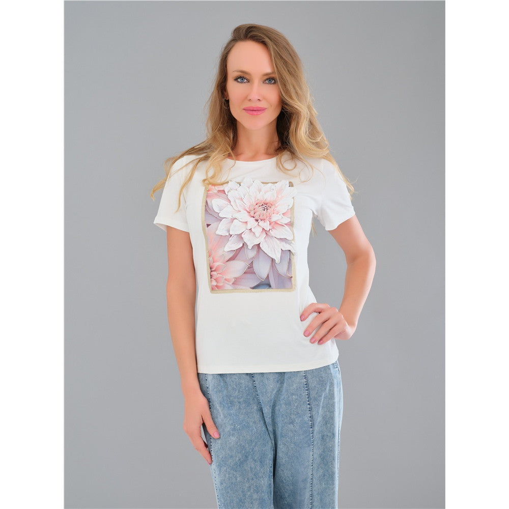 T-shirt avec fleur - Taille : SMALL - Couleur : Blanc cassé