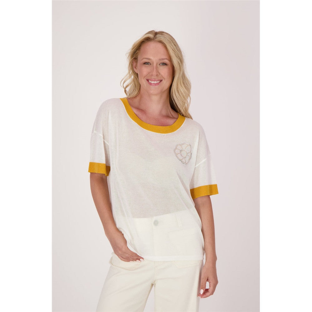 T-shirt avec fleur & brillants - Taille : L/XL - Couleur : Blanc cassé/Jaune