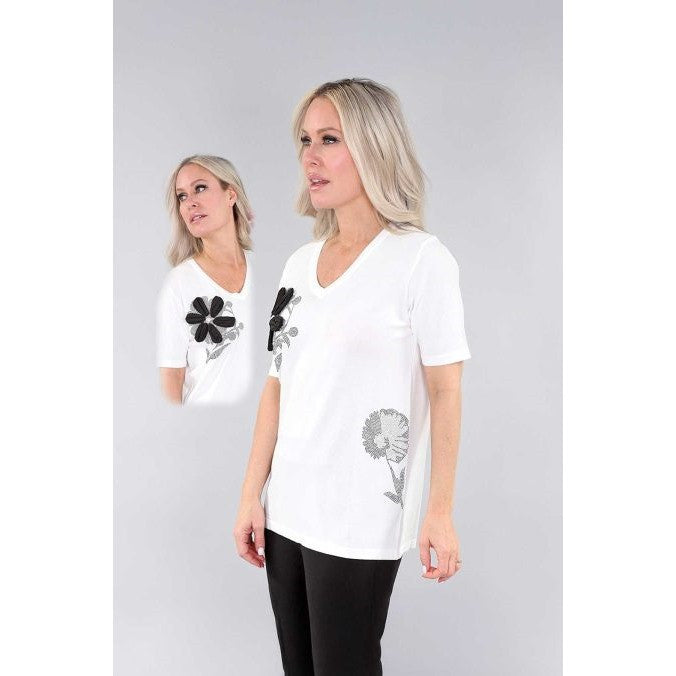 T-shirt avec fleur & col V - Taille : MEDIUM - Couleur : Blanc cassé