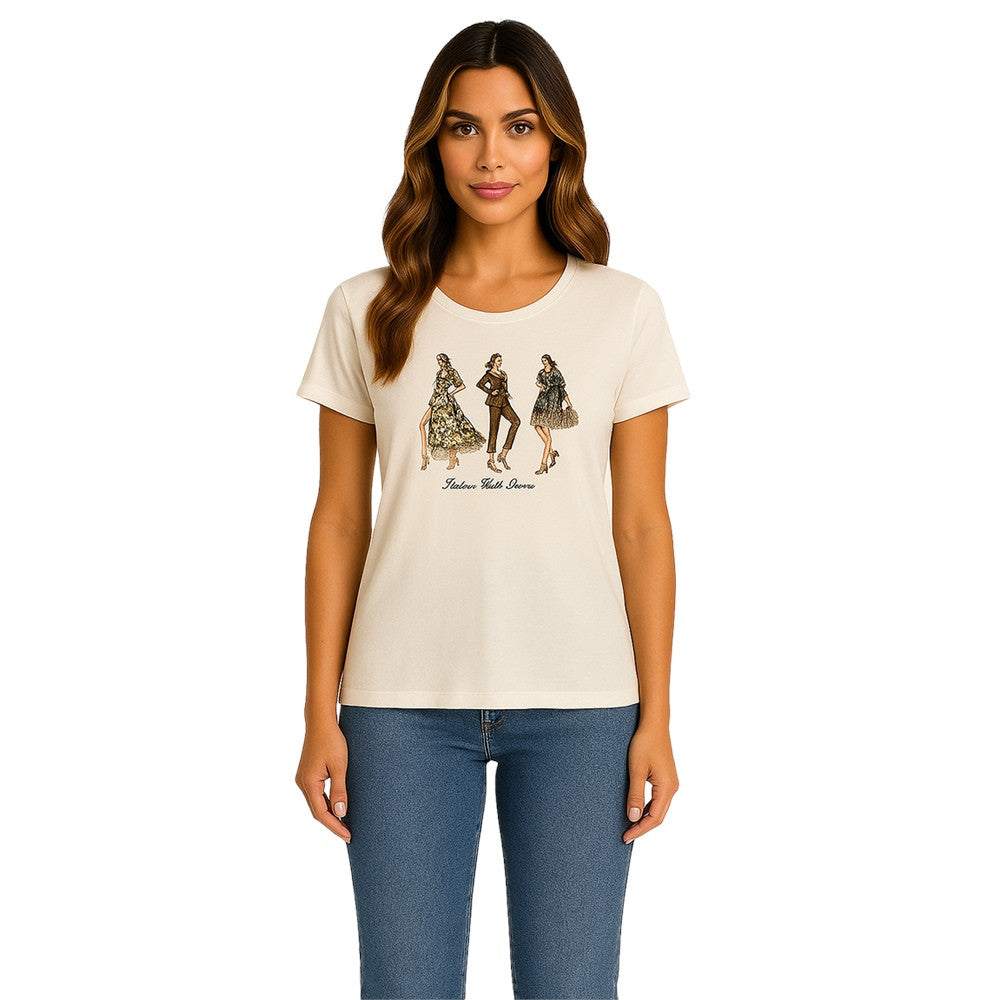 T-shirt avec illustration mode féminine - Taille : SMALL - Couleur : Blanc cassé