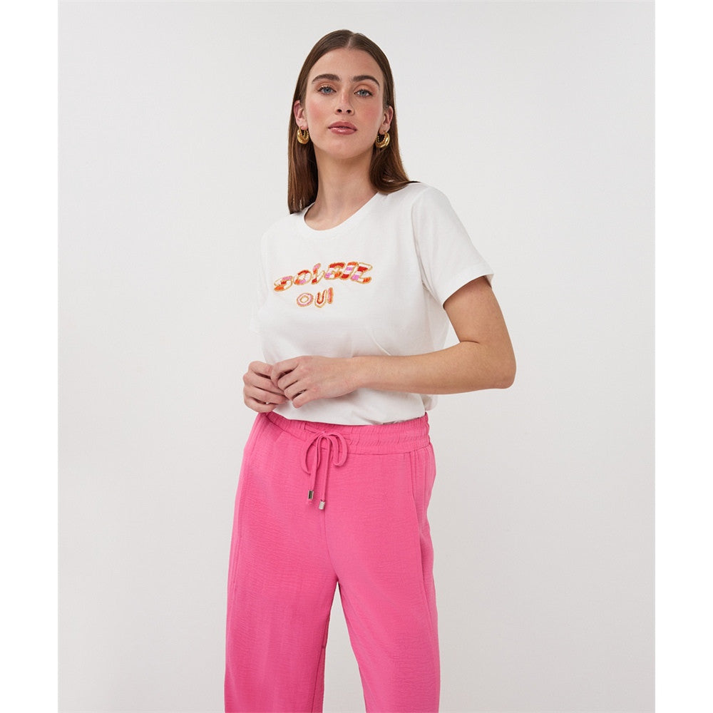 T-shirt brodé “Soleil Oui” - Taille : XSMALL - Couleur : Blanc cassé/Rose