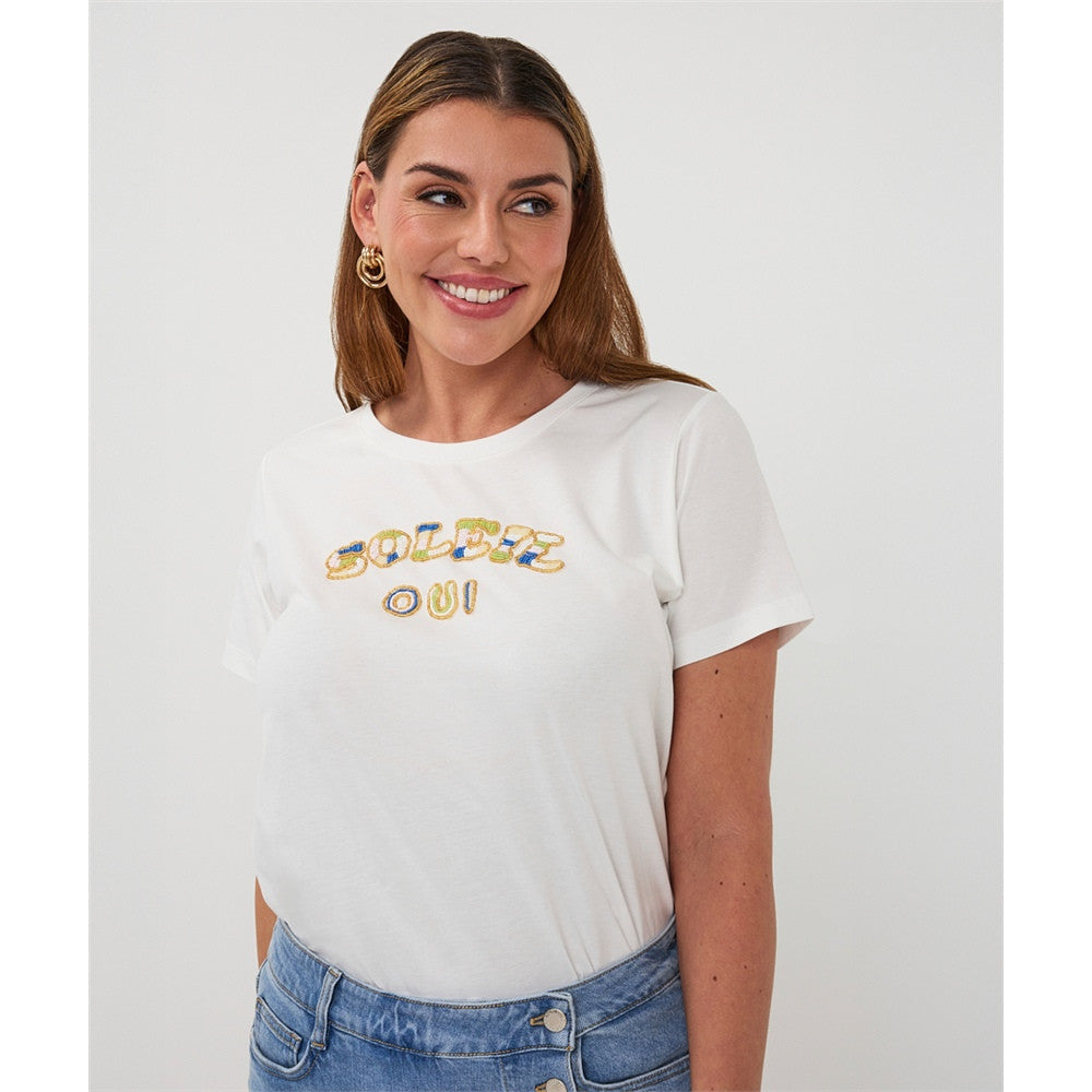 T-shirt brodé “Soleil Oui” - Taille : SMALL - Couleur : Blanc cassé/Vert