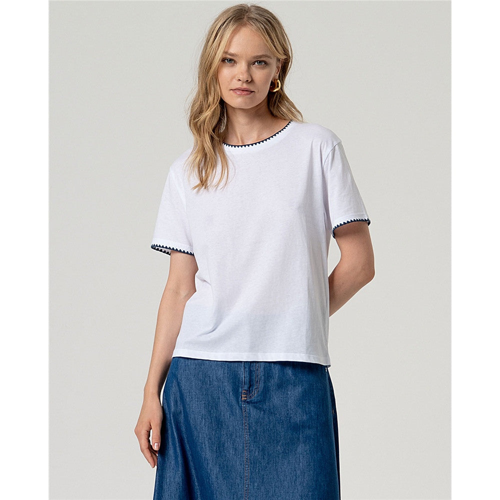 T-shirt encolure ronde avec finition contrastante - Taille : SMALL - Couleur : Blanc/Marine