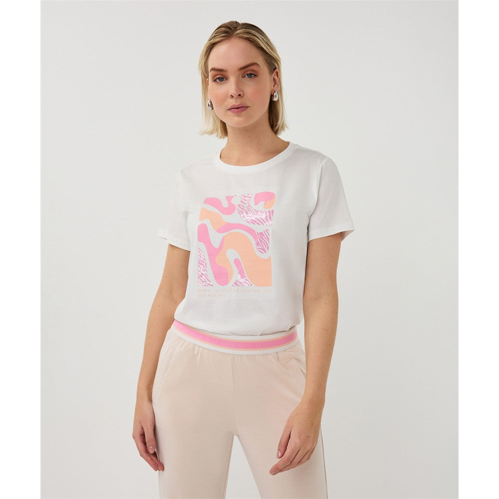T-shirt imprimé artistique " Paris " - Taille : LARGE - Couleur : Blanc cassé/Rose