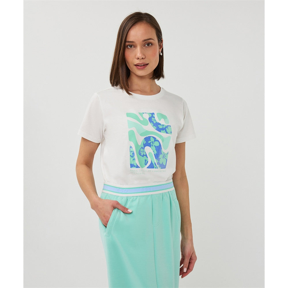 T-shirt imprimé artistique " Paris " - Taille : XSMALL - Couleur : Blanc cassé/Menthe