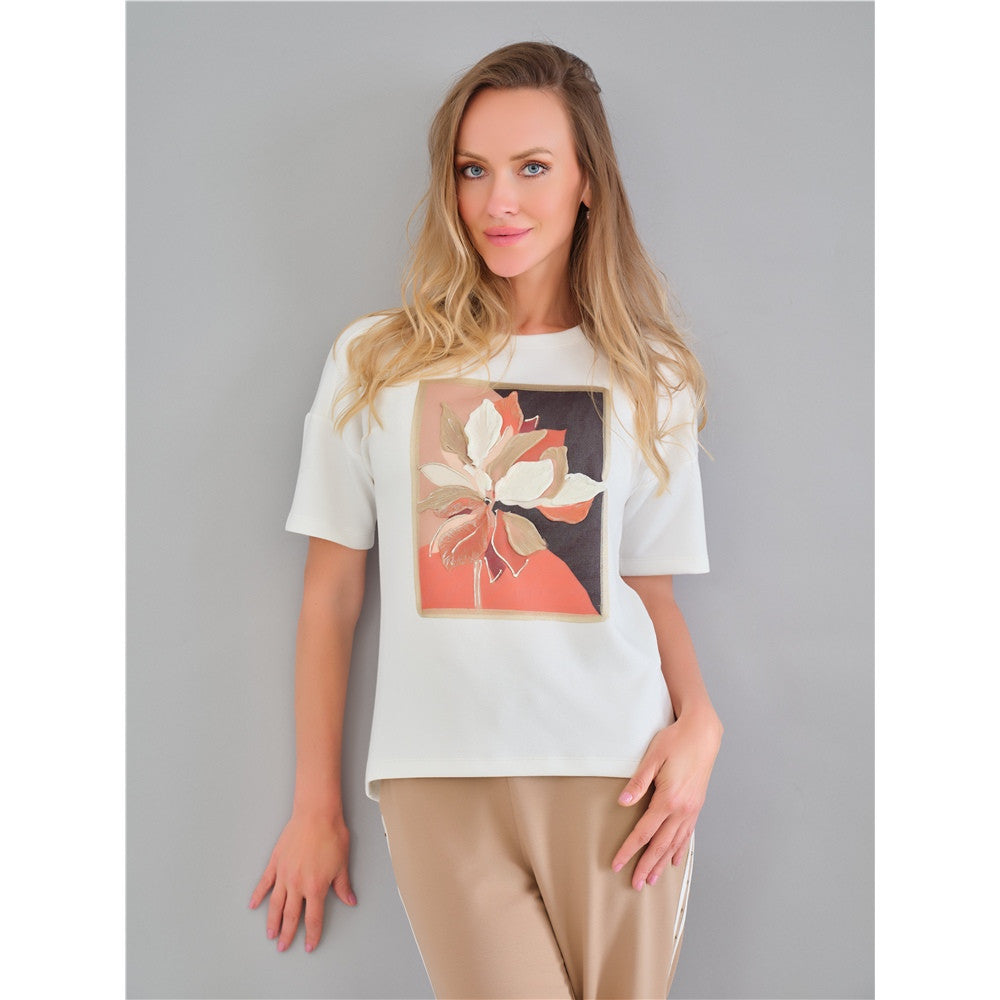 T-shirt imprimé floral - Taille : XLARGE - Couleur : Blanc cassé/Corail