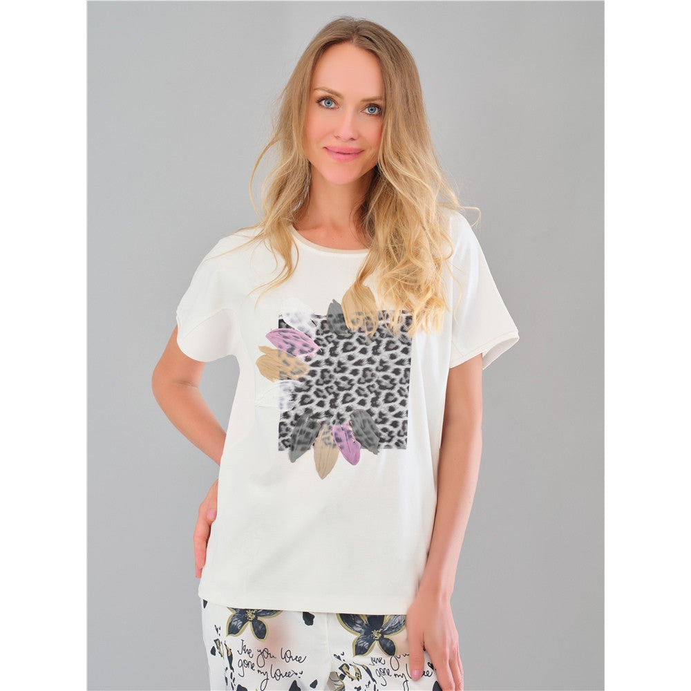 T-shirt imprimé motif animalier et fleur - Taille : SMALL - Couleur : Blanc cassé