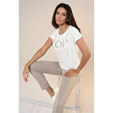 T-shirt lettrage métallique et pierres - Taille : 40 - Couleur : Crème