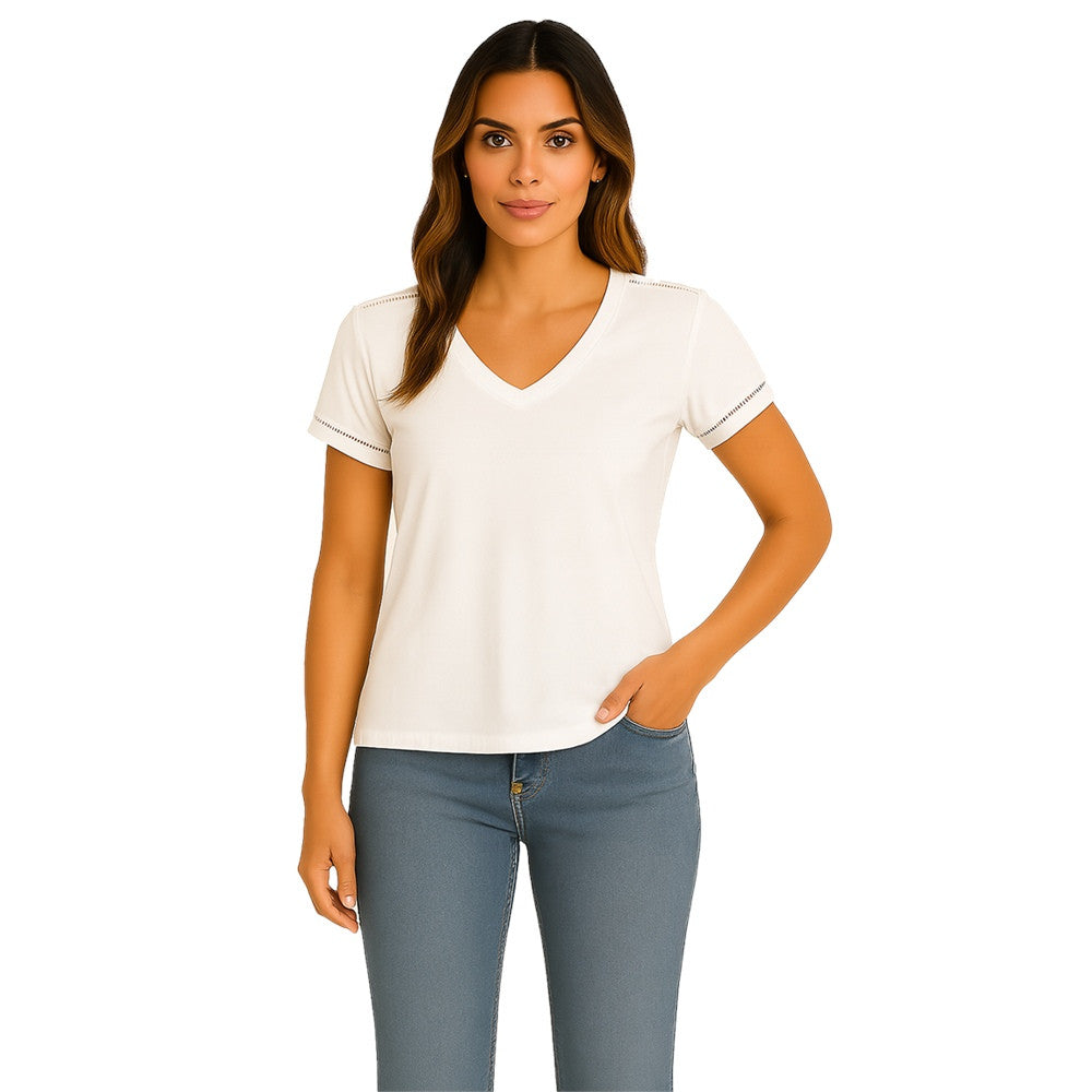T-shirt manches courtes à col V - Taille : SMALL - Couleur : Blanc