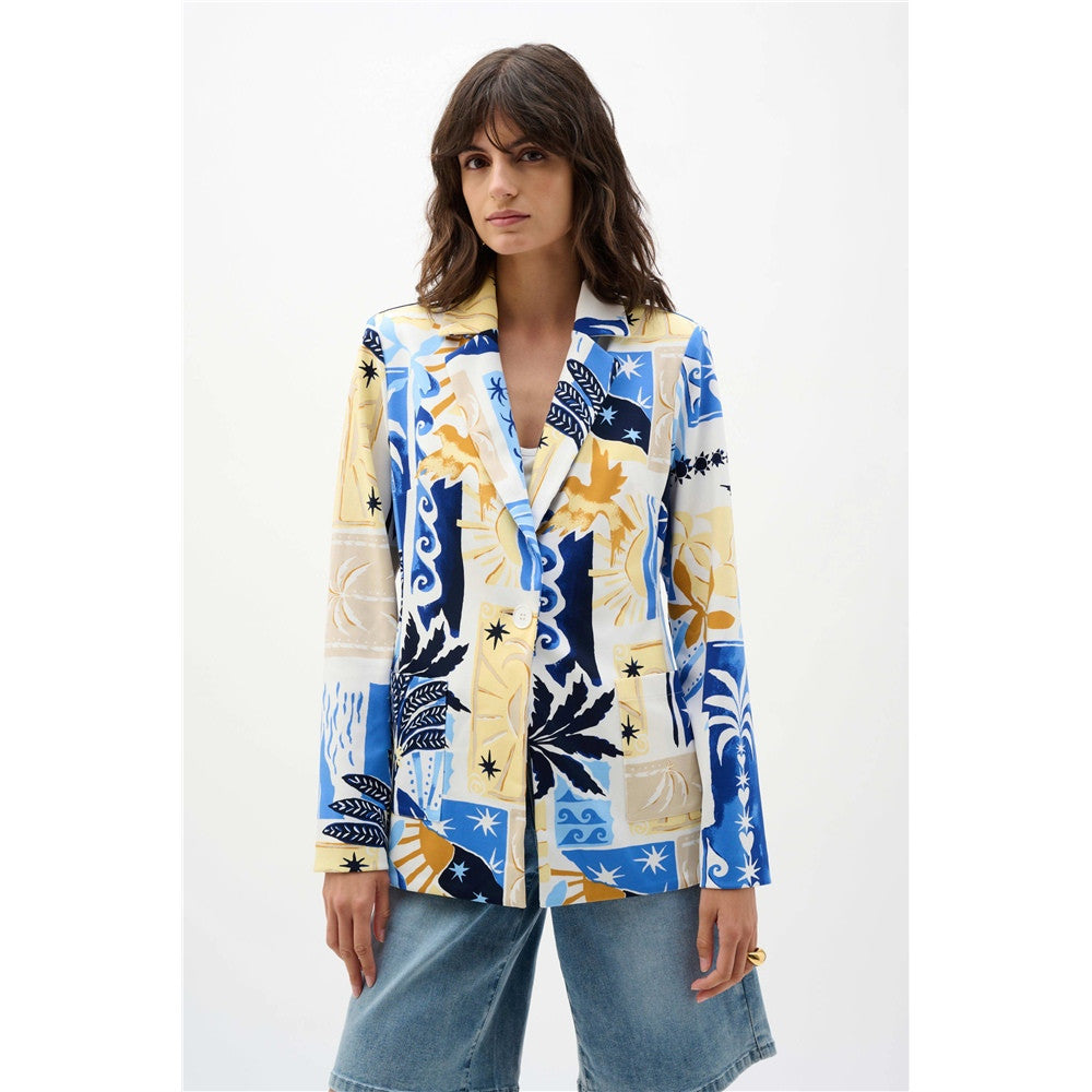 Veston ajusté à imprimé tropical en tricot soyeux - Taille : 8 - Couleur : Multi/Vanille