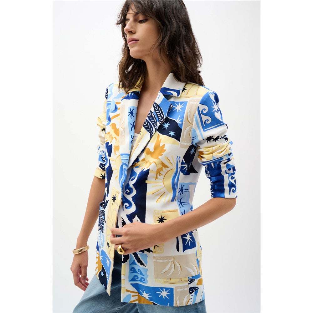 Veston ajusté à imprimé tropical en tricot soyeux