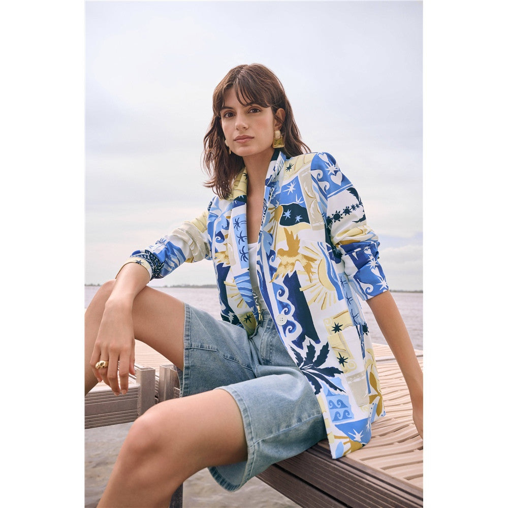 Veston ajusté à imprimé tropical en tricot soyeux